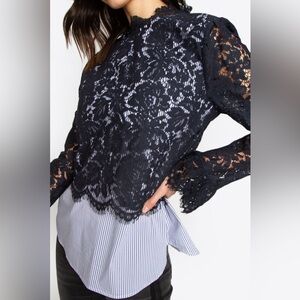 Sugar + Lips Pinstripe and Lace Blouse Size Large